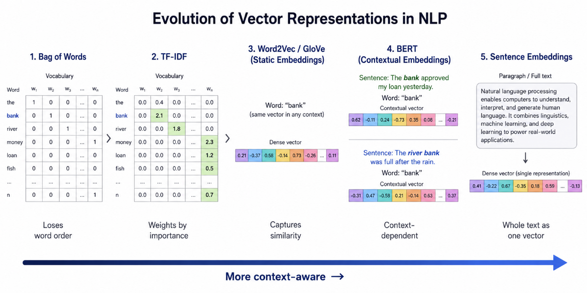 NLP vector representations word2vec BERT embeddings evolution