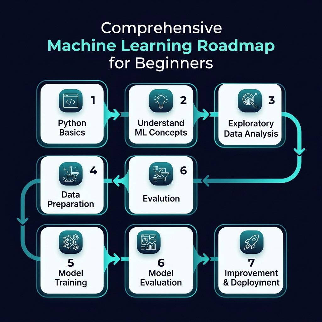 Machine learning learning roadmap for beginners showing 7 steps: Python basics, ML concepts, exploratory data analysis, data preparation, model training, model evaluation, and deployment