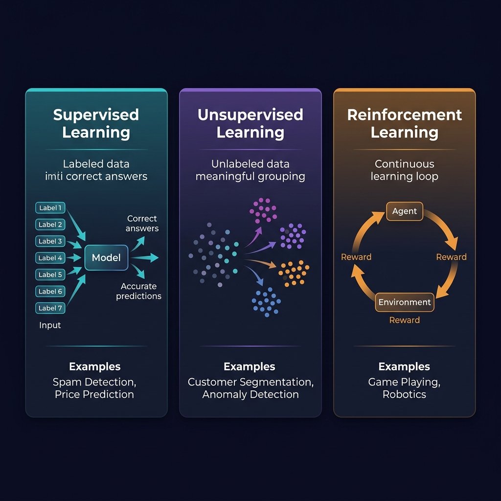 Comparison of three types of machine learning: supervised learning with labeled data, unsupervised learning with clustering, and reinforcement learning with agent-environment loop